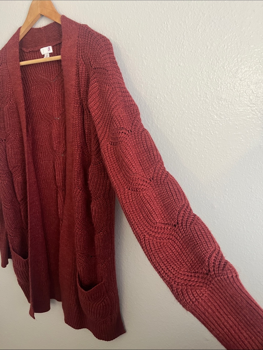 SO Open-Front Cable Knit Cardigan - Rust Red - Picture 4 of 5